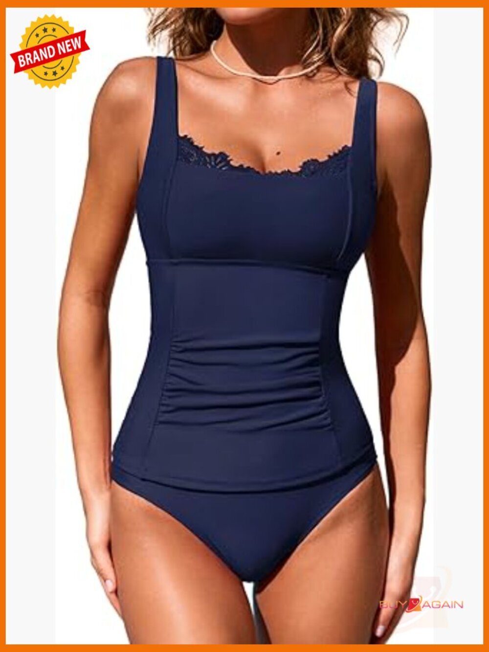 Square Neck Tankini 2pc Swimsuit Lace Trim Adjustable Straps